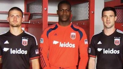 D.C. United players Perry Kitchen, Bill Hamid and Chris Pontius show off the new Leidos jerseys sponsoring D.C. United.